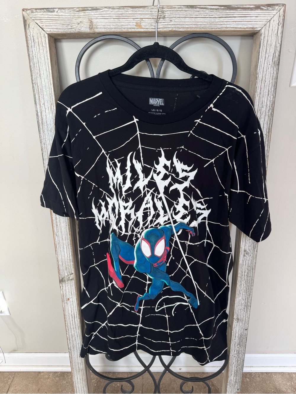 Marvel Miles Morales Spider Man Graphic T Shirt Black All Over Print Size L